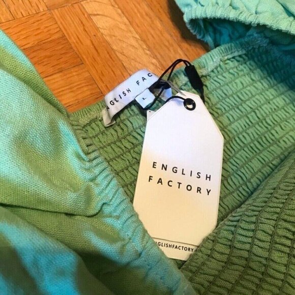 English Factory Green Smocked Mini Dress L Puff Sleeve Ruffle Hem Western Boho - Picture 11 of 12